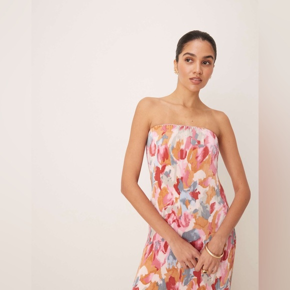 Abercrombie & Fitch strapless giselle pleat maxi dress in yellow abstract XL - Picture 4 of 13